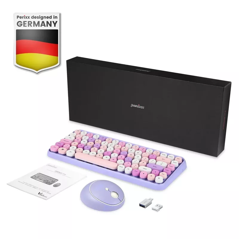 Perixx PERIDUO-713PP DE belaidis mini klaviatūros ir pelės rinkinys, retro vintage dizainas, violetinė, vokiškas išdėstymas
