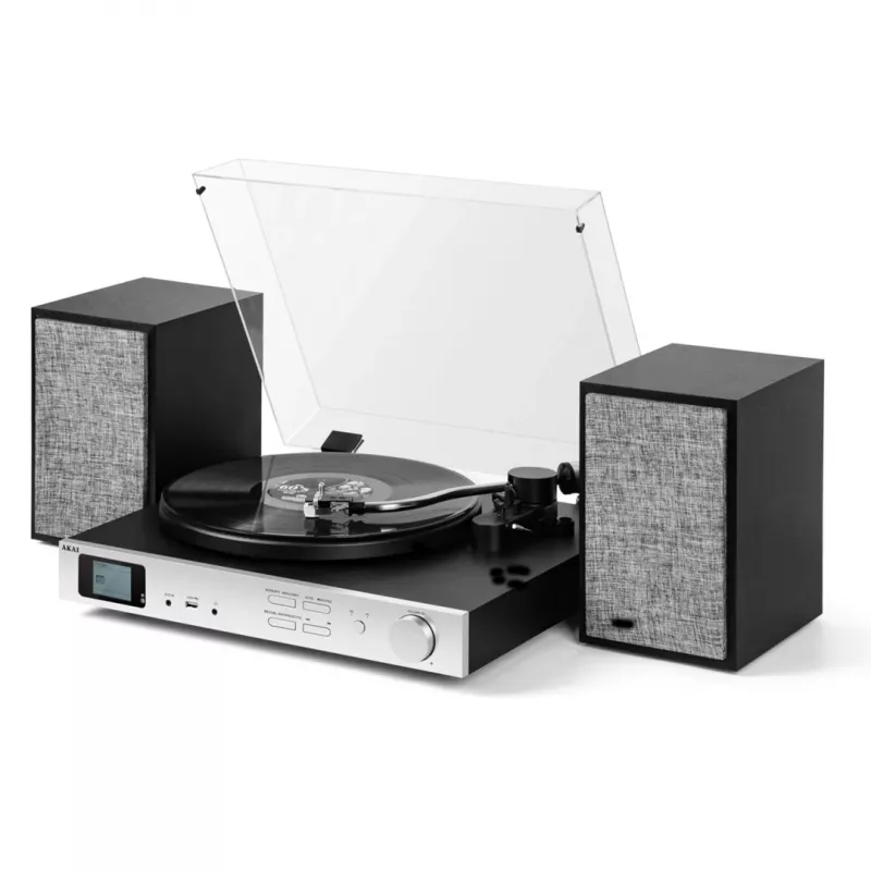 AKAI ATT-500SP juostinės pavaros vinilinis grotuvas su išoriniais garsiakalbiais, Bluetooth, USB įrašymu, juodos spalvos