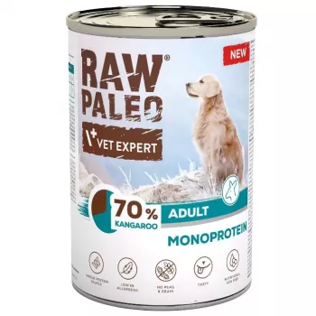 VetExpert Raw Paleo Kangaroo šlapias ėdalas suaugusiems šunims 400g skardinė – be grūdų, vieno baltymo