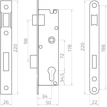 PSG 63.211 L/P įdėtinė spyna su fiksatoriumi ir skląsčiu, reversinė, 220 x 22 mm apkala, 72 mm PZ, 50 mm atstumas, cinkuotas plienas