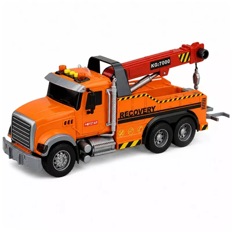 LEAN TOYS vilkikas su kranu kelių pagalbos kabliu, šviesomis ir garsais, oranžinis, 1:18