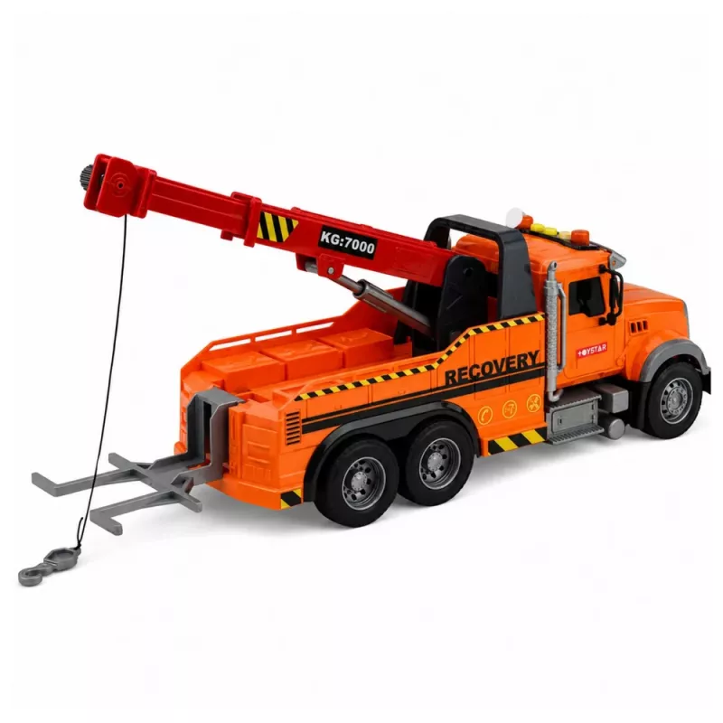 LEAN TOYS vilkikas su kranu kelių pagalbos kabliu, šviesomis ir garsais, oranžinis, 1:18