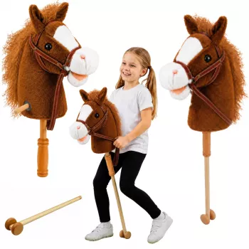 LEAN TOYS Hobby Horse lazda su žirgo galva, gaudančia ir tvinksinčia kanopomis, ruda, 100 cm