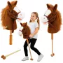 LEAN TOYS Hobby Horse lazda su žirgo galva, gaudančia ir tvinksinčia kanopomis, ruda, 100 cm