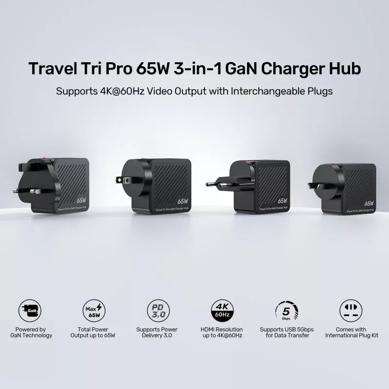 UNITEK P1242ABK01 GaN 3-in-1 kelionių įkroviklis ir stotelė 65W su 4K@60Hz HDMI, USB-A ir USB-C