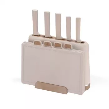 MEO MR-1412-BEIGE MAESTRO peilių rinkinys su pjaustymo lentelėmis ir stovu, 5 peiliai, 2 lentelės, smėlio spalvos
