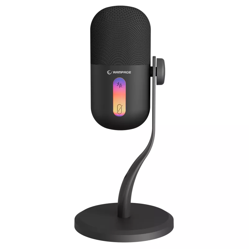 Rampage ARPEJ Black RGB kondensatorinis mikrofonas su stovo ranka, pop filtru ir amortizatoriumi