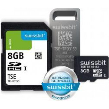 Swissbit TSE USB 8 GB techninės apsaugos įrenginys (TSE modulis) - 384 bitų šifravimas, 250 ms parašo generavimas, 20 mln. parašų, sertifikatas galioja iki 2028 m. lapkričio