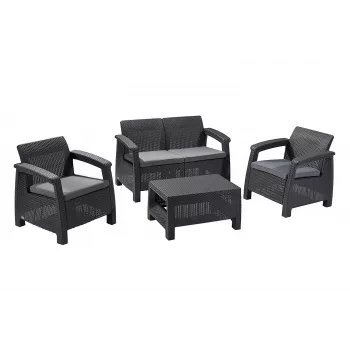 KETER Corfu sodo baldų komplektas pilkas - 4 vietų sofa, 2 foteliai, kavos staliukas