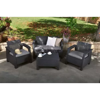 KETER Corfu sodo baldų komplektas pilkas - 4 vietų sofa, 2 foteliai, kavos staliukas