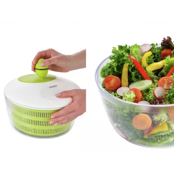 LEIFHEIT Salad Dryer Trend 4,5L salotų džiovintuvas su rankena ir serviravimo dubeniu, žaliu dangteliu