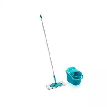 LEIFHEIT Clean & Compact grindų valymo rinkinys su plokščiuoju mopu ir kojomis valdomu gręžtuvu, 8 l kibiras, mikropluošto galvutė, 33 cm, balta/mėlyna