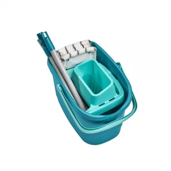 LEIFHEIT Clean & Compact grindų valymo rinkinys su plokščiuoju mopu ir kojomis valdomu gręžtuvu, 8 l kibiras, mikropluošto galvutė, 33 cm, balta/mėlyna