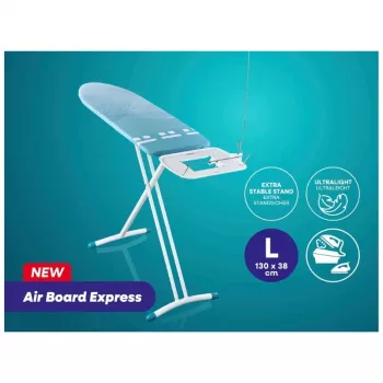 LEIFHEIT Air Board Express L Solid lyginimo lenta 130x38 cm su Thermo-Reflect technologija, reguliuojamas aukštis 75-98 cm, sulankstoma, Shoulder-Fit forma, neslystantys kojelės, lygintuvo laikiklis, laido laikiklis, balta/mėlyna