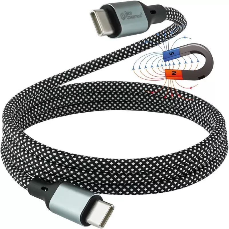 GoodConnections magnetinis USB 2.0 spiralinis kabelis 60W USB-C į USB-C, juodas/baltas, 1m 2060-MT010SW
