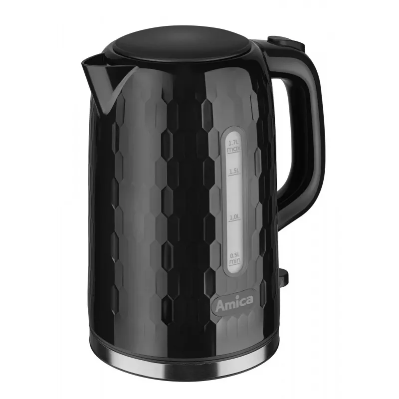 AMICA KM3010 1,7 L juodas virdulys – 2200 W nerūdijančio plieno belaidis virdulys su paslėptu kaitinimo elementu, 360° pagrindu, automatinio išsijungimo ir apsaugos nuo išvirimo funkcijomis