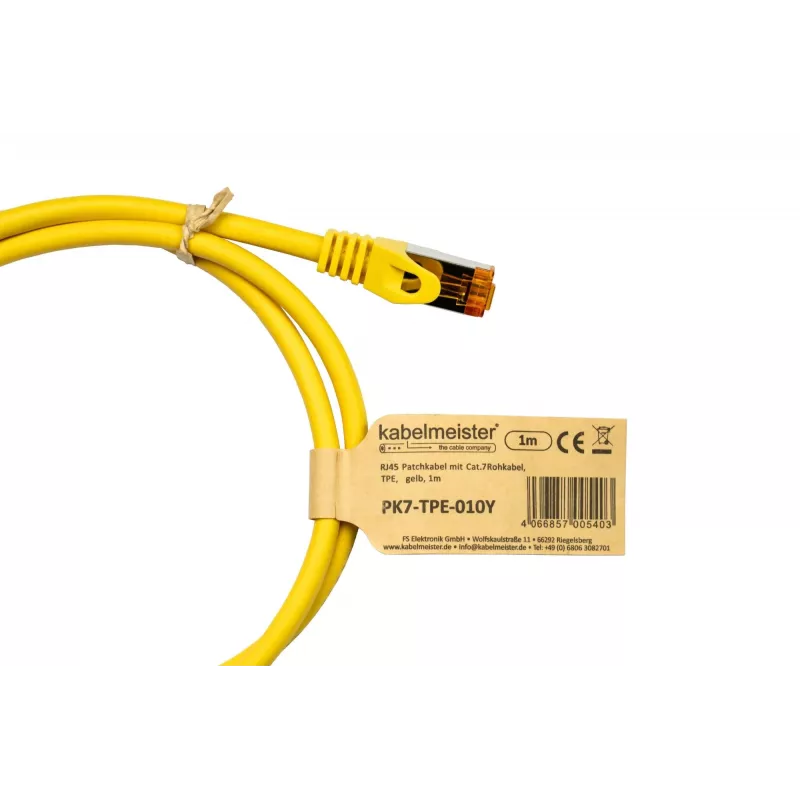 Kabelmeister RJ45 tinklo kabelis Cat.7, itin lankstus TPE apvalkalas, be halogenų, geltonas, 15m