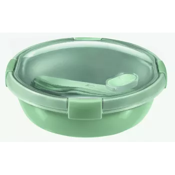 CURVER Smart Eco To Go apvalus maisto laikymo indas 1L su minkštos žalios spalvos dangteliu ir permatomu perdirbto stiklo pagrindu, hermetiškas ir nepralaidus, tinkamas mikrobangų krosnelei/indaplovei/šaldymo kamerai, Ø20x7cm