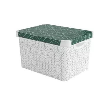 CURVER Deco Stockholm L laikymo dėžė su dangčiu, 39,5 x 29,5 x 23,5 cm, žalių lapų raštas