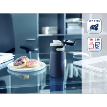 LEIFHEIT Thermos Flip 350 ml tamsiai mėlyna vakuuminė termo kelioninė puodelis iš nerūdijančio plieno
