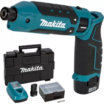Makita TD023DSE 7,2V ličio jonų akumuliatorinis kampinis smūginis suktuvas su 2 akumuliatoriais, įkrovikliu ir dėklu