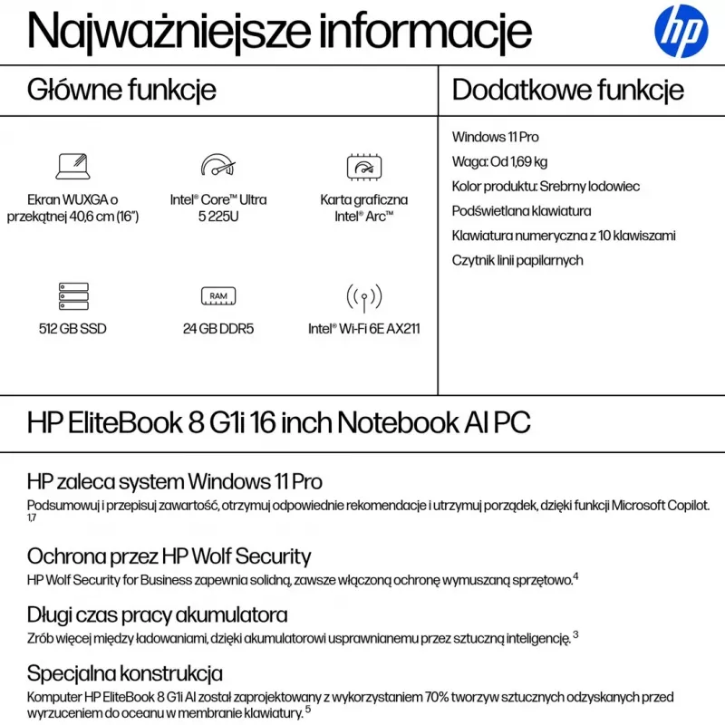 HP EliteBook 8 G1i 16 colių WUXGA nešiojamas kompiuteris - Intel Core Ultra 5 225U, 24GB RAM, 512GB SSD, Windows 11 Pro, sidabrinis