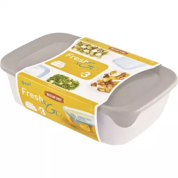 Curver Fresh & Go maisto laikymo indelių rinkinys, 3 stačiakampiai indai, 2L + 1L + 0,5L, permatomi su spalvotais hermetiškais dangčiais