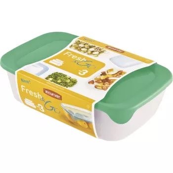 Curver Fresh & Go maisto laikymo indelių rinkinys, 3 stačiakampiai indai, 2L + 1L + 0,5L, permatomi su spalvotais hermetiškais dangčiais