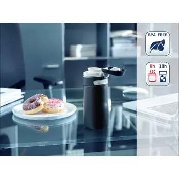 LEIFHEIT Thermo Mug Flip 350 ml juoda vakuuminė termo kelioninė puodelis su atidengiamu dangteliu