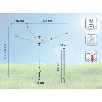 LEIFHEIT LinoLift 500 rotacinis skalbinių džiovintuvas, 50 m džiovinimo lyno, aliuminio rėmas, reguliuojamas aukštis 106-179 cm, UV atsparūs lynai, įtraukta žemės įvorė