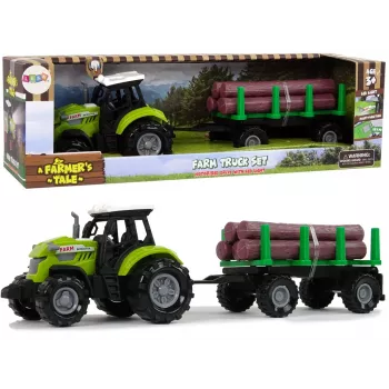 LEAN TOYS žalias traktorius su priekaba rąstams ir garso efektais