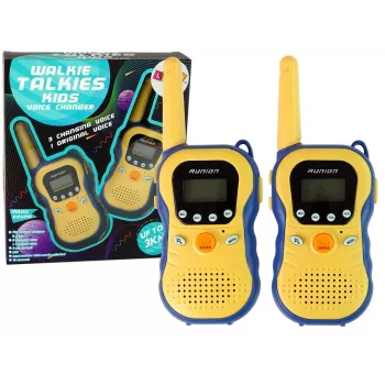 LEAN TOYS vaikiški racijų rinkinys geltonas - PMR446 dvipusis radijas su 8 kanalais, iki 3 km atstumu, apšviestu LCD ekranu, žibintuvėliu, VOX, diržo klipsu - 2 vienetai
