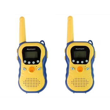 LEAN TOYS vaikiški racijų rinkinys geltonas - PMR446 dvipusis radijas su 8 kanalais, iki 3 km atstumu, apšviestu LCD ekranu, žibintuvėliu, VOX, diržo klipsu - 2 vienetai