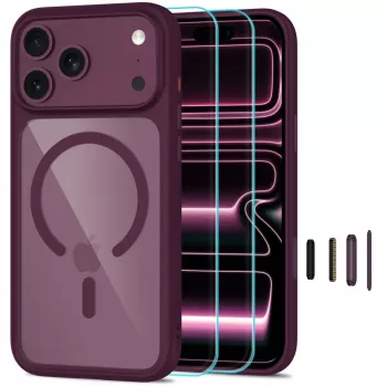 TECH-PROTECT MagOne MagSafe dėklas su grūdinto stiklo ekrano apsauga 2 vnt. rinkinys iPhone 17 Pro Max / 18 Pro Max - Dark Cherry/Clear