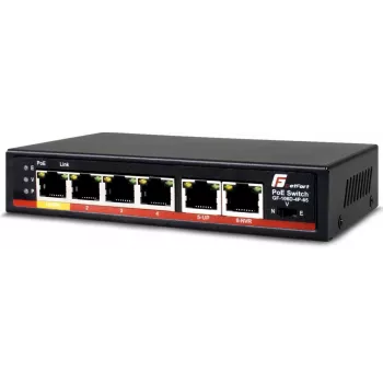 GETFORT GF-106D-4P-65 6 prievadų Fast Ethernet PoE+ komutatorius su 4 PoE prievadais ir 2 magistraliniais prievadais, 65W biudžetas, metalinis darbalaukio korpusas