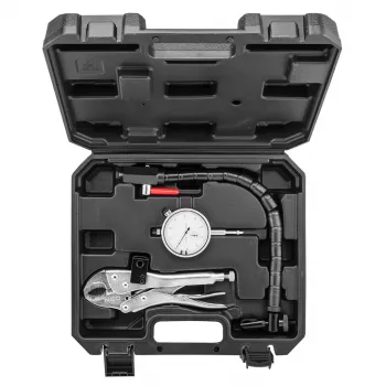 NEO TOOLS TOP-11-130 stabdžių disko radialinio mušimo matuoklio rinkinys su 0,01 mm ciferblato indikatoriumi, 60 kg magnetiniu pagrindu, lanksčia svirtimi