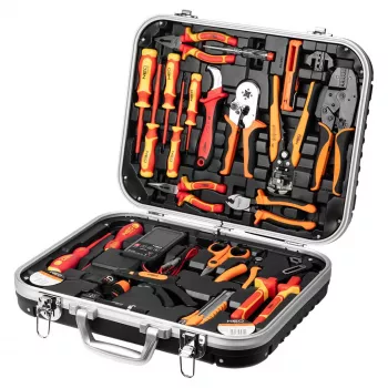 NEO TOOLS 25 dalių elektriko įrankių rinkinys, VDE izoliuoti rankiniai įrankiai su įtampos testeriu, laidų nuėmikliu, replėmis, atsuktuvais ir priedais patvariame plastikiniame nešiojamame krepšyje