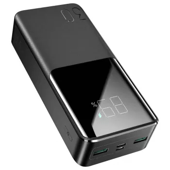 JOYROOM JR-QP193 30000 mAh 22,5 W išorinė baterija su skaitmeniniu ekranu, PD3.0/QC3.0, 3 išėjimai (2 USB-A + 1 USB-C), 2 įėjimai (USB-C + Micro USB), juoda