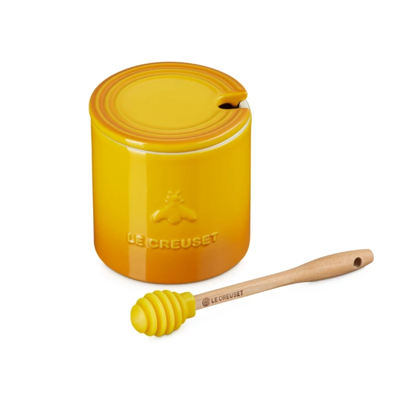 LE CREUSET medaus puodas su šaukštu 420ml keramikinis geltonas