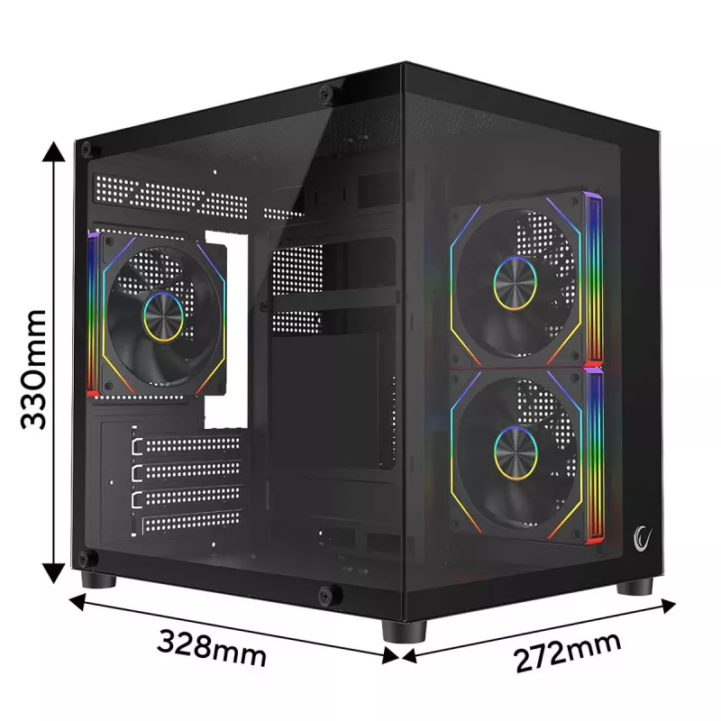 Rampage LUMID ARGB kompiuterio korpusas M-ATX su 3x ARGB ventiliatoriais, juodas