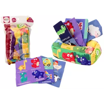 LEAN TOYS minkšta servetėlių dėžutė su 6 audiniais ir 3 šnarėnčiomis spalvotomis servetėlėmis