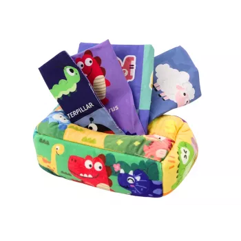 LEAN TOYS minkšta servetėlių dėžutė su 6 audiniais ir 3 šnarėnčiomis spalvotomis servetėlėmis