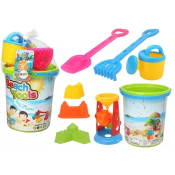 LEAN TOYS Smėlio žaislų rinkinys su kibirėliu, smėlio malūnėliu, laistytuvu ir spalvotomis formelėmis