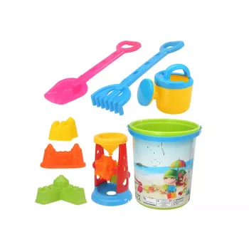 LEAN TOYS Smėlio žaislų rinkinys su kibirėliu, smėlio malūnėliu, laistytuvu ir spalvotomis formelėmis