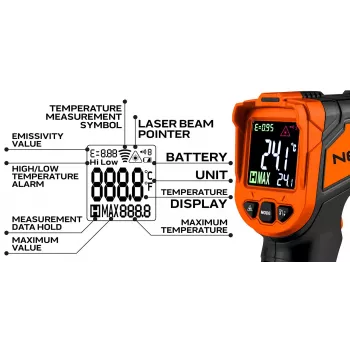 NEO TOOLS 75-276 pirometras – bekontaktis infraraudonųjų spindulių termometras su dvigubu lazeriniu taikikliu, -50°C iki 880°C, 12:1 D:S, reguliuojamas spinduliavimo koeficientas, apšviestas LCD