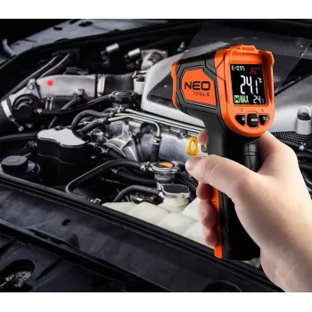 NEO TOOLS 75-276 pirometras – bekontaktis infraraudonųjų spindulių termometras su dvigubu lazeriniu taikikliu, -50°C iki 880°C, 12:1 D:S, reguliuojamas spinduliavimo koeficientas, apšviestas LCD
