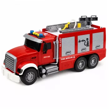 LEAN TOYS gaisrinė mašina su ištraukiamomis kopėčiomis, vandens žarna, šviesomis ir garsais