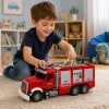 LEAN TOYS gaisrinė mašina su ištraukiamomis kopėčiomis, vandens žarna, šviesomis ir garsais