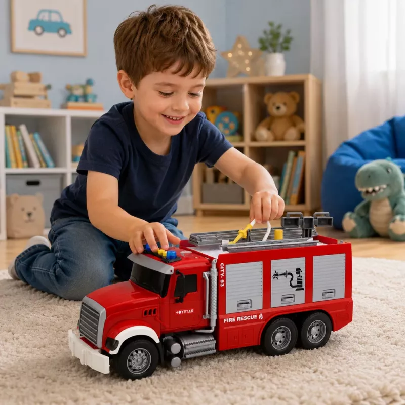 LEAN TOYS gaisrinė mašina su ištraukiamomis kopėčiomis, vandens žarna, šviesomis ir garsais