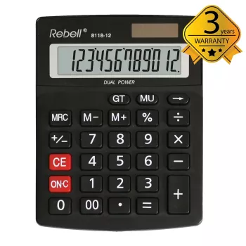 REBELL RE-8118-12 BX pusiau stalinis skaičiuotuvas, 12 skaitmenų pasviręs LCD ekranas, dvigubas maitinimas (saulės baterija ir baterija), juodas